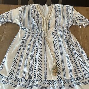 Girls White Dress with Blue Stripe Print and Tassel Tie
